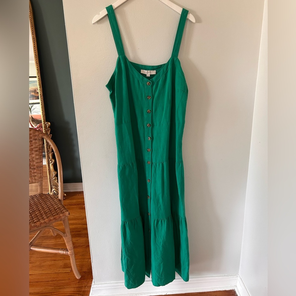 LOFT Linen blend maxi dress button front ruffle